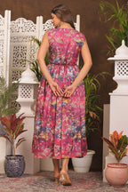 Pinkish Red Chinon Dress with Belt Attached