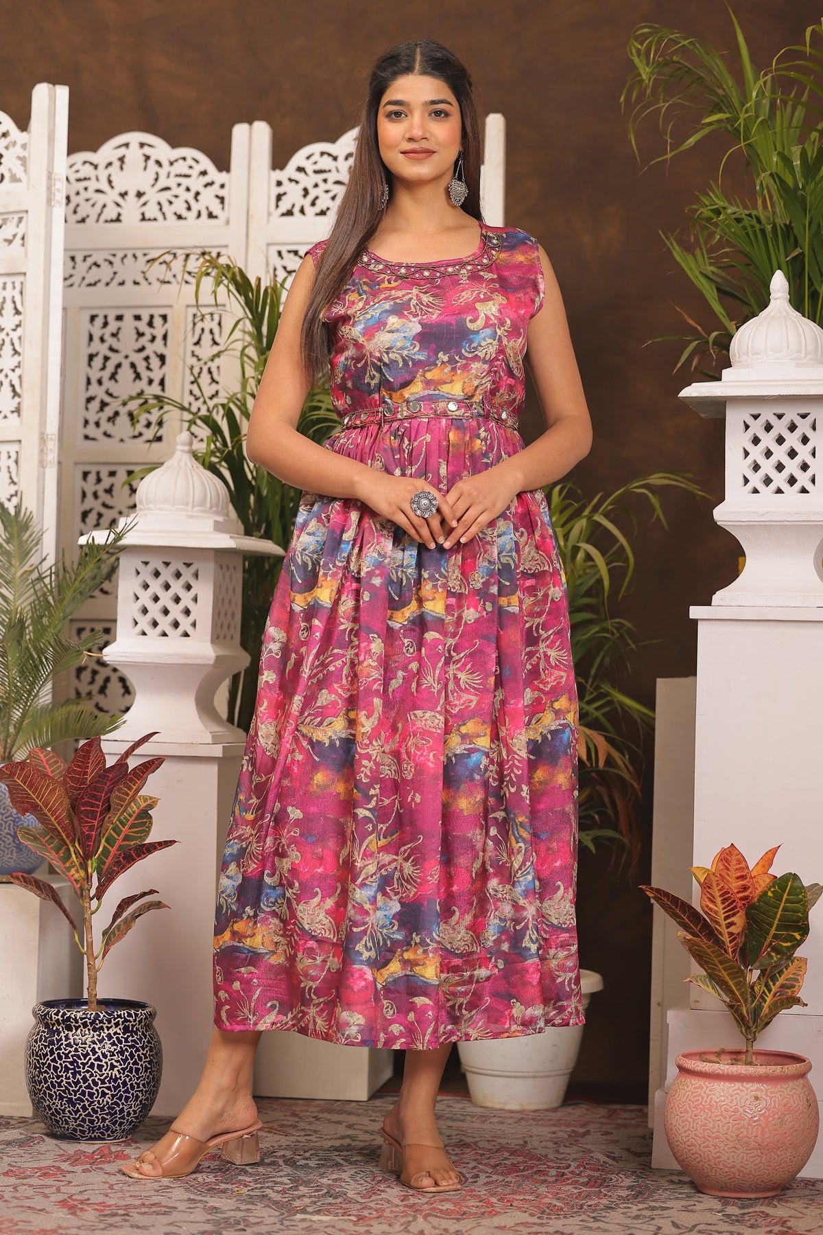 Pinkish Red Chinon Dress with Belt Attached