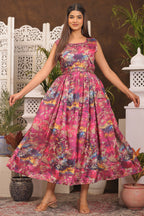 Pinkish Red Chinon Dress with Belt Attached