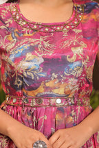 Pinkish Red Chinon Dress with Belt Attached