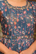 Metallic Blue Chinon Dress With Belt Attached