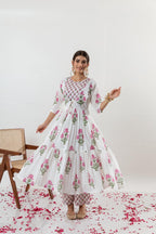 White Floral Printed Cotton Suit Set