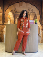 Brownish Red Embroidered Cotton Slub Co-Ord Set