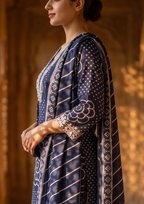 Blue Printed Muslin Kurta and Pant Set with Dupatta