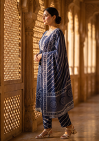 Blue Printed Muslin Kurta and Pant Set with Dupatta