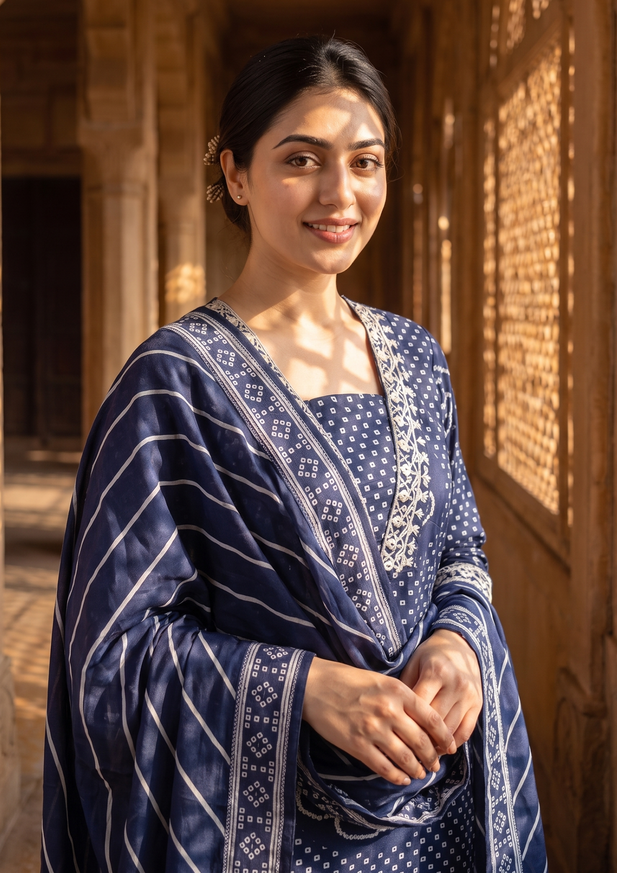 Blue Printed Muslin Kurta and Pant Set with Dupatta