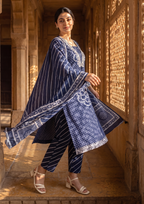 Blue Printed Muslin Kurta and Pant Set with Dupatta