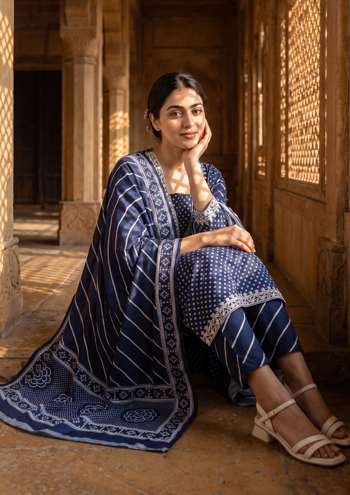Blue Printed Muslin Kurta and Pant Set with Dupatta