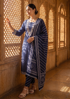 Blue Printed Muslin Kurta and Pant Set with Dupatta