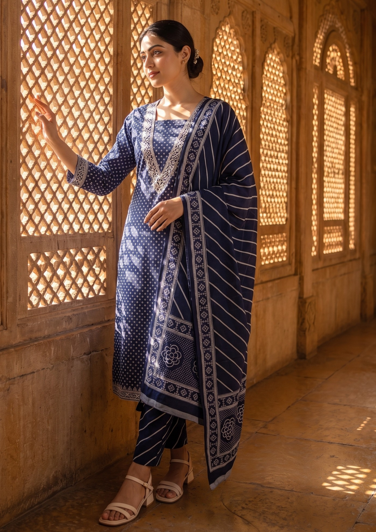 Blue Printed Muslin Kurta and Pant Set with Dupatta