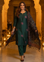 Sea Turtle Green Embroidered Cotton Flex Suit Set with Dupatta