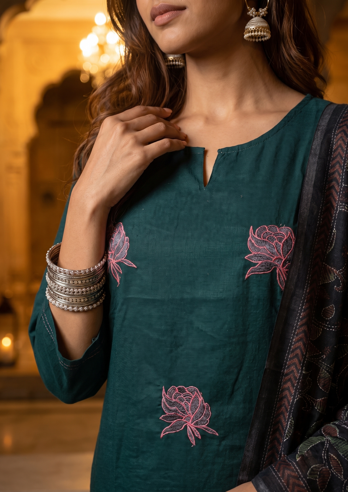 Sea Turtle Green Embroidered Cotton Flex Suit Set with Dupatta