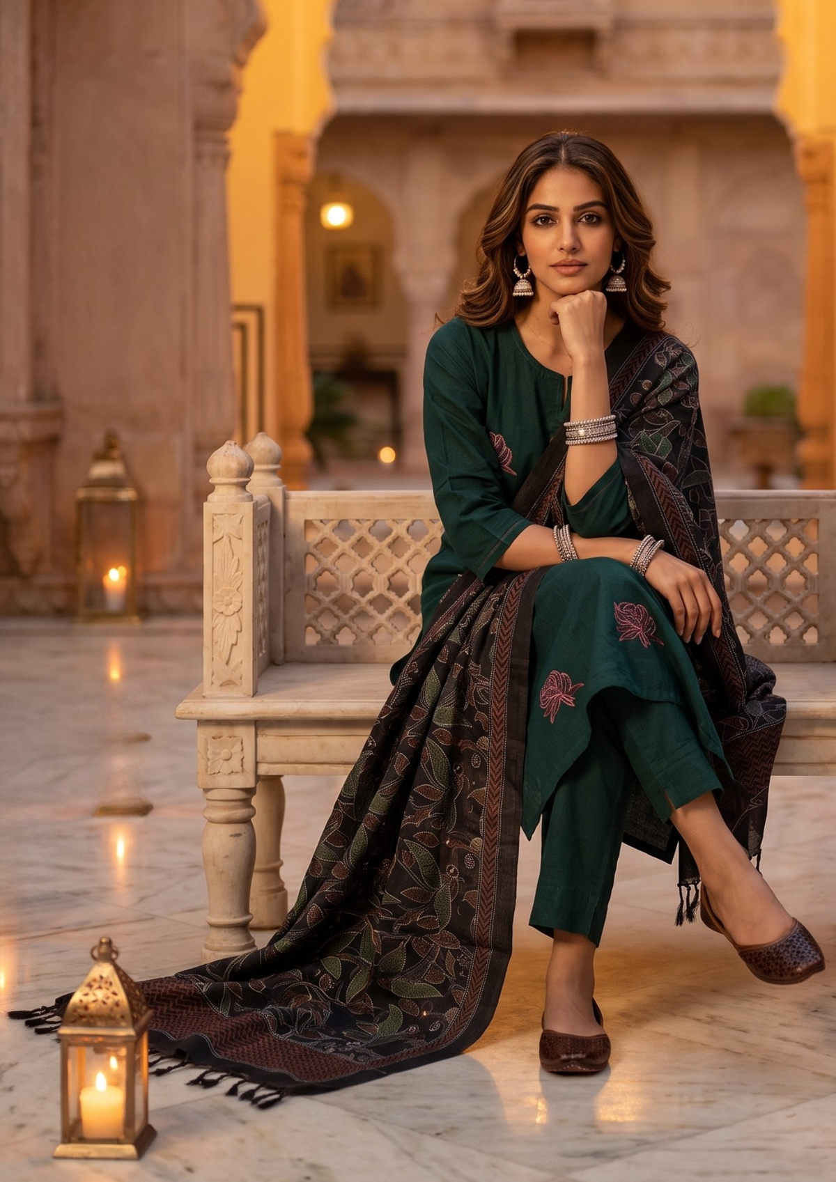 Sea Turtle Green Embroidered Cotton Flex Suit Set with Dupatta