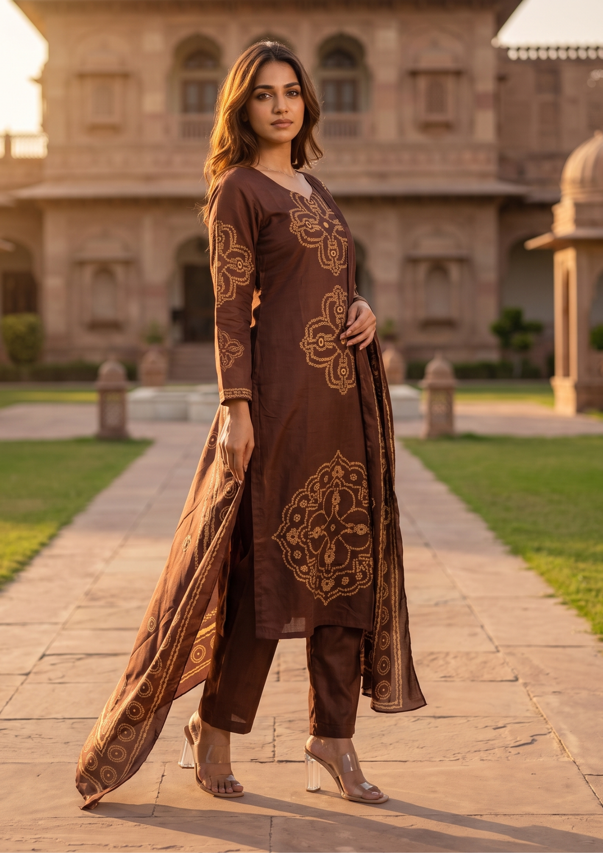 Brown Printed Muslin Kurta and Pant Set with Dupatta