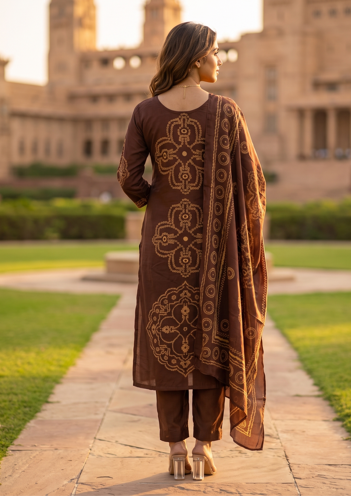 Brown Printed Muslin Kurta and Pant Set with Dupatta