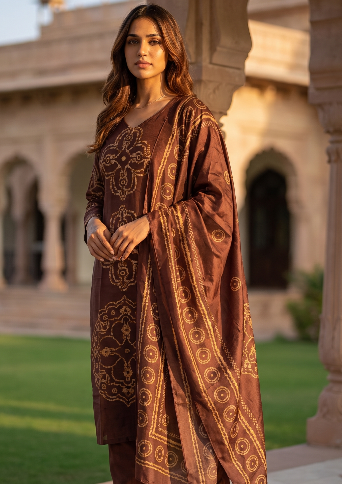 Brown Printed Muslin Kurta and Pant Set with Dupatta