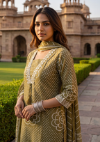 Green Printed Muslin Kurta and Pant Set with Dupatta
