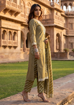 Green Printed Muslin Kurta and Pant Set with Dupatta
