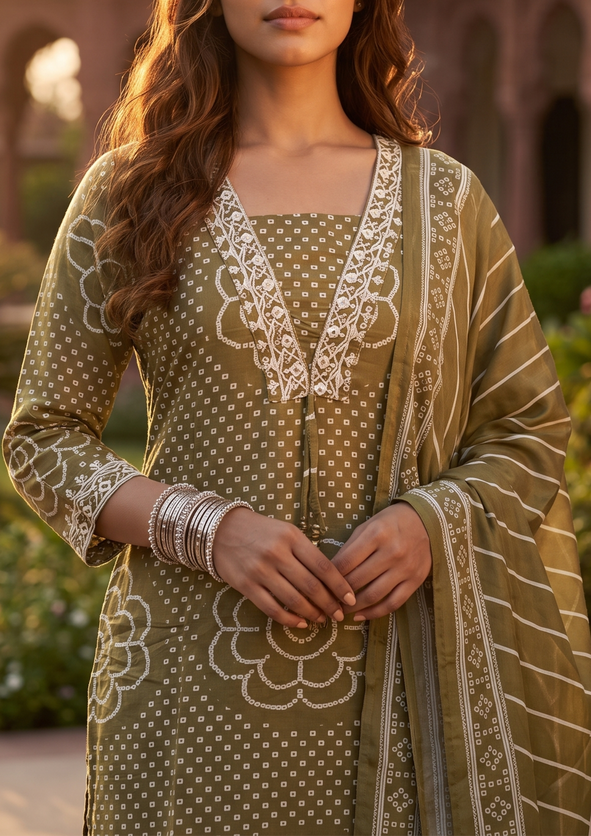 Green Printed Muslin Kurta and Pant Set with Dupatta