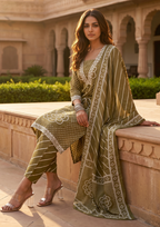 Green Printed Muslin Kurta and Pant Set with Dupatta