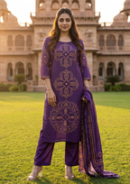 Purple Printed Muslin Kurta and Pant Set with Dupatta