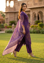 Purple Printed Muslin Kurta and Pant Set with Dupatta
