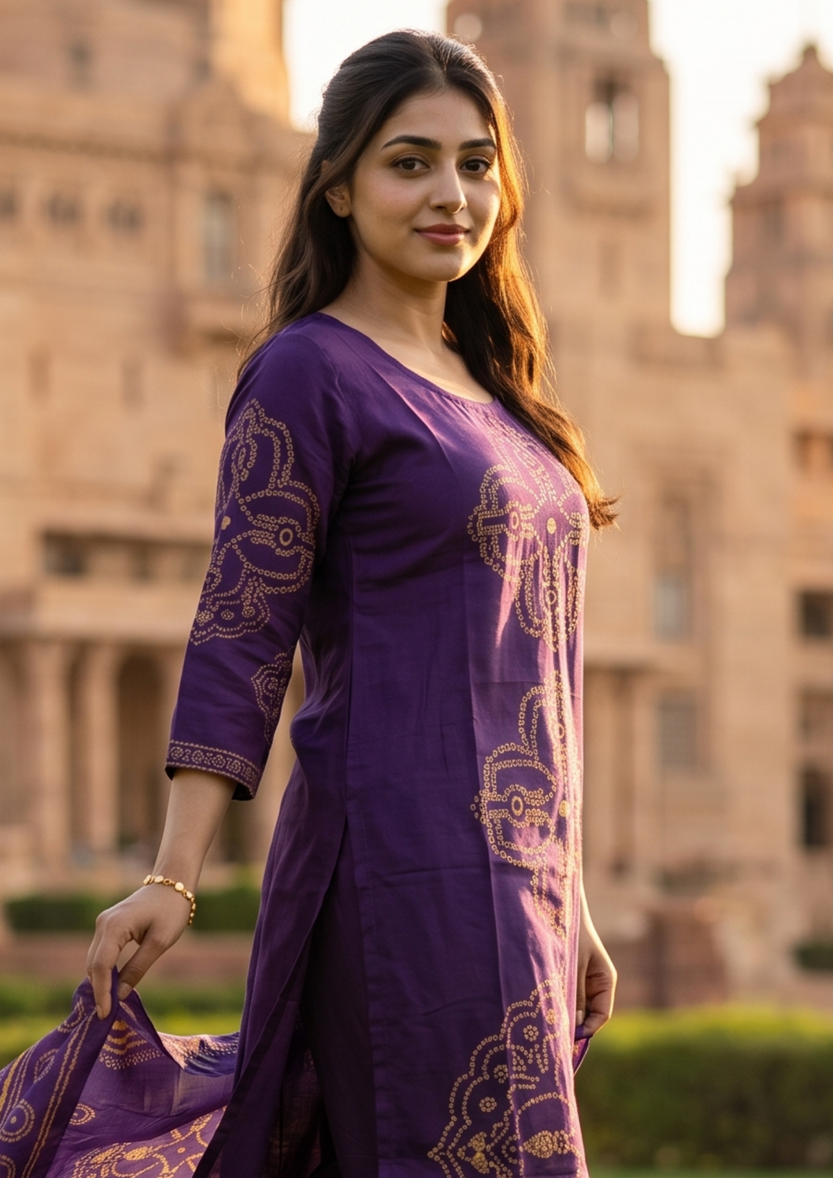 Purple Printed Muslin Kurta and Pant Set with Dupatta