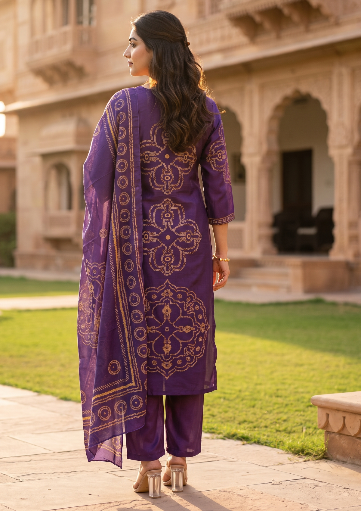 Purple Printed Muslin Kurta and Pant Set with Dupatta