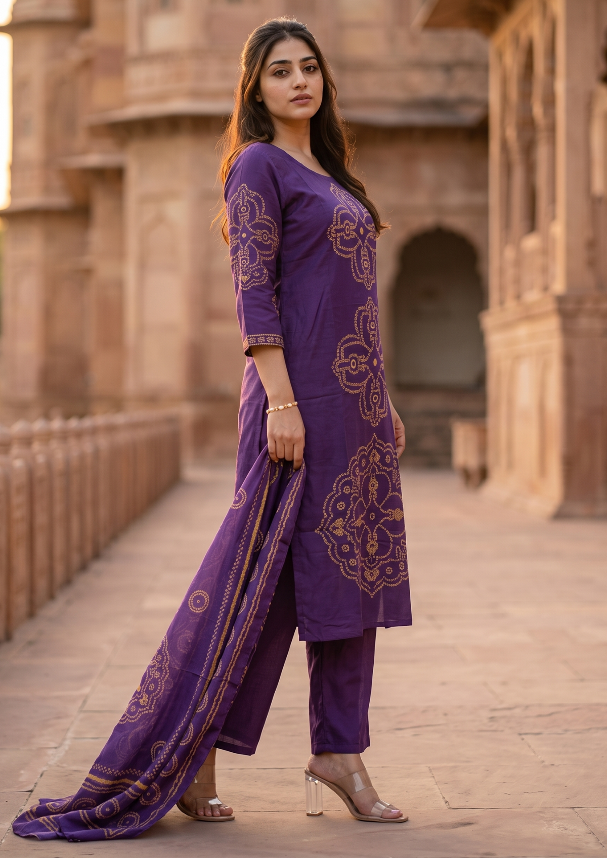 Purple Printed Muslin Kurta and Pant Set with Dupatta