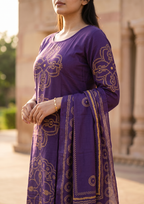 Purple Printed Muslin Kurta and Pant Set with Dupatta