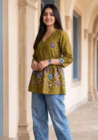 Dark Mustard Yellow Embroidered Rado Cotton Short Kurti