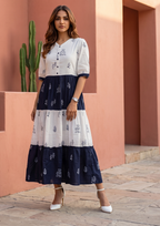 White Blue Printed Cotton Anarkali Gown