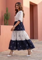 White Blue Printed Cotton Anarkali Gown