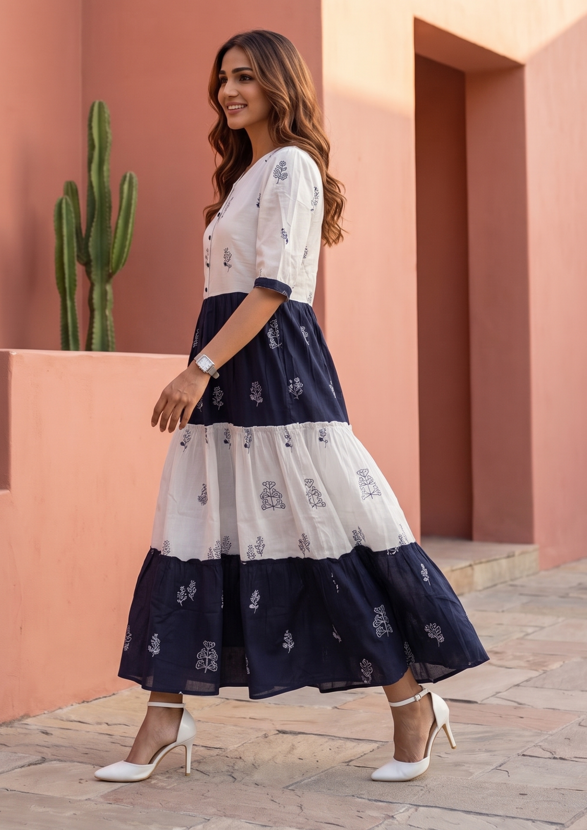 White Blue Printed Cotton Anarkali Gown
