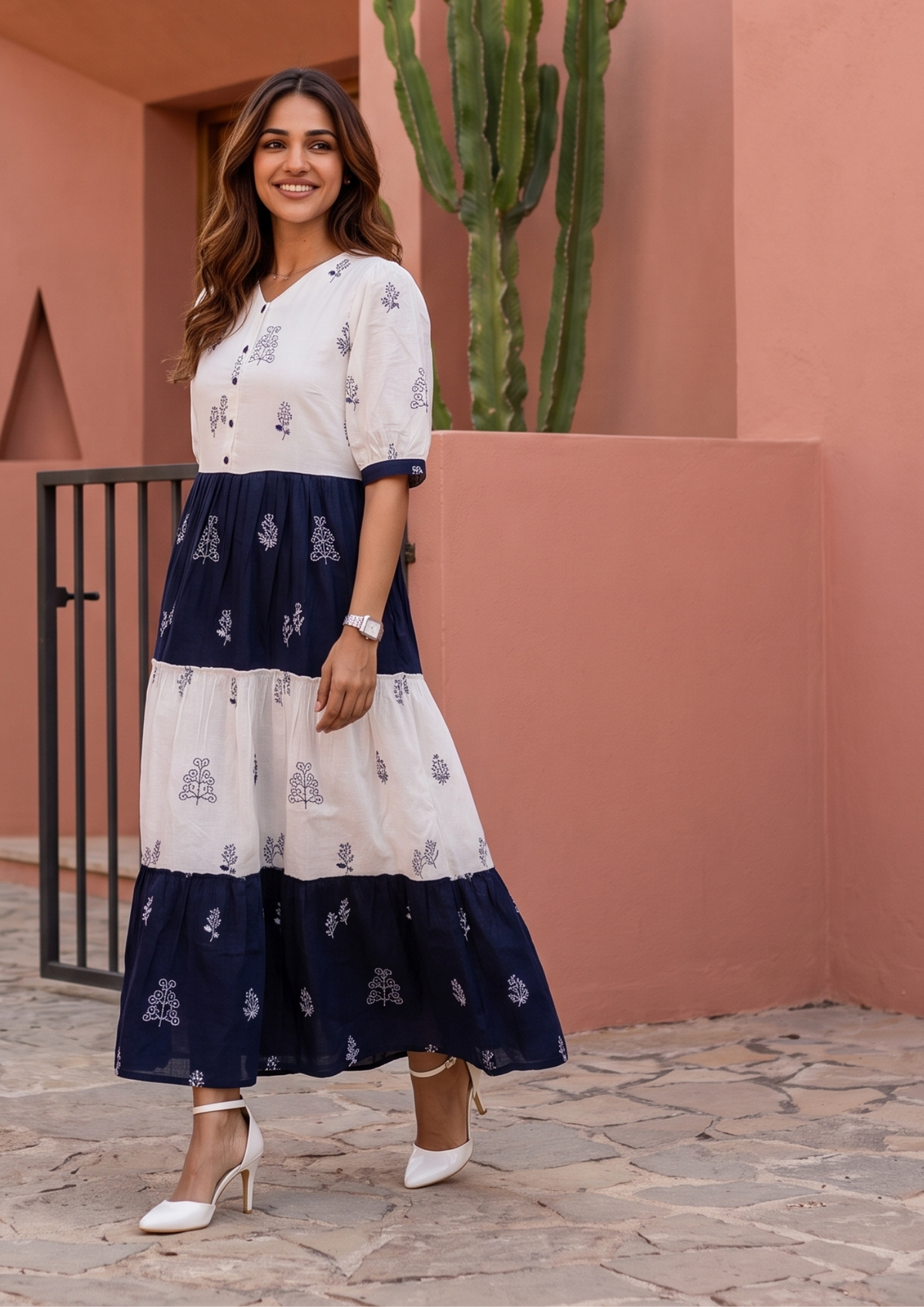 White Blue Printed Cotton Anarkali Gown