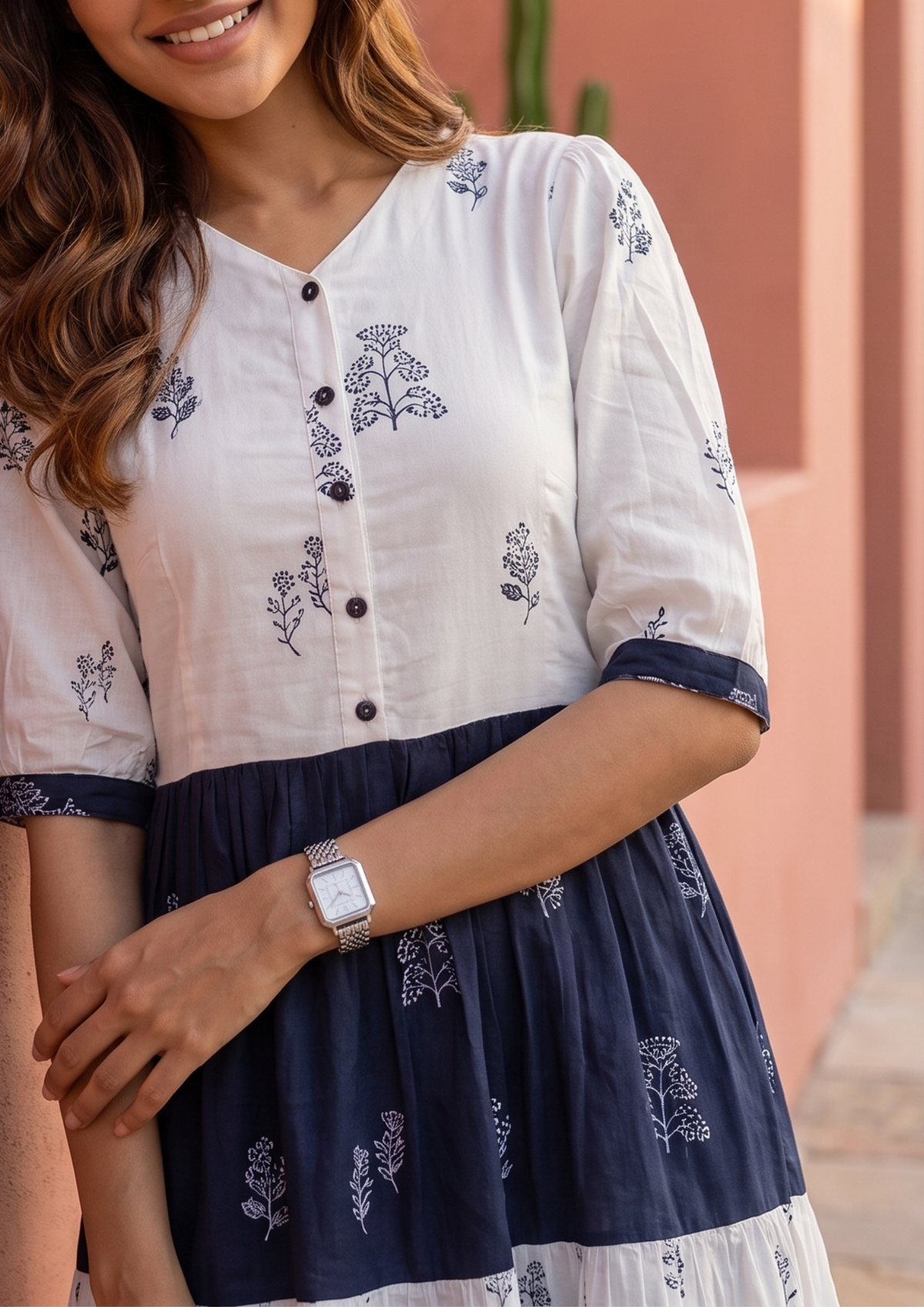 White Blue Printed Cotton Anarkali Gown
