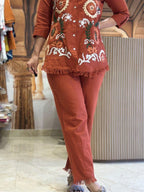 Brownish Red Embroidered Cotton Slub Co-Ord Set