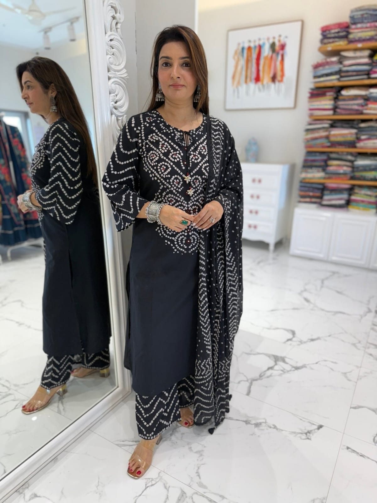 Black printed cotton kurta and plazo set