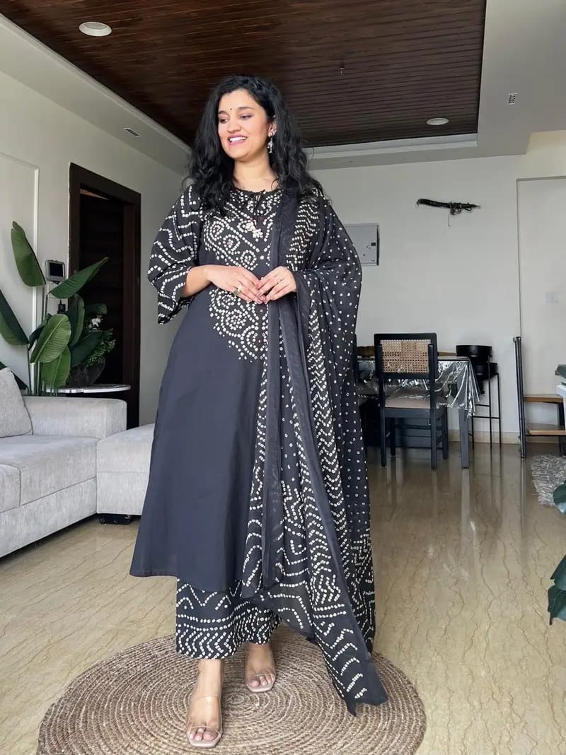 Black printed cotton kurta and plazo set