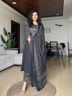 Black printed cotton kurta and plazo set