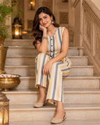 Yellow Grey Striped Cotton Flex Co-Ord Set