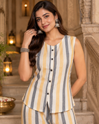 Yellow Grey Striped Cotton Flex Co-Ord Set