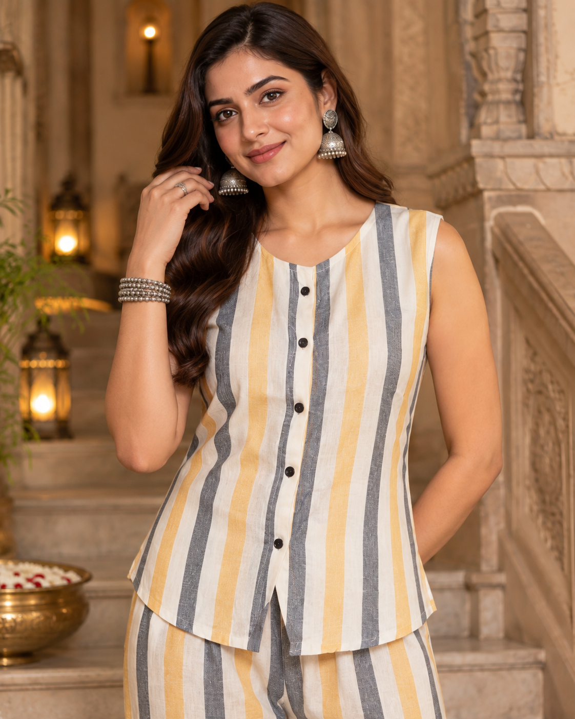 Yellow Grey Striped Cotton Flex Co-Ord Set