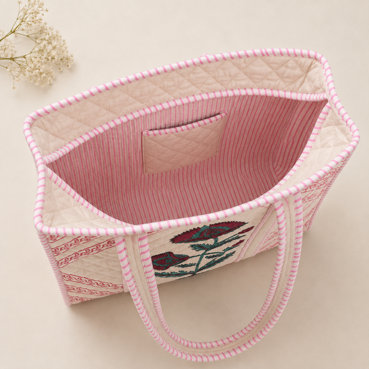 Block Printed Quilted Tote Bag