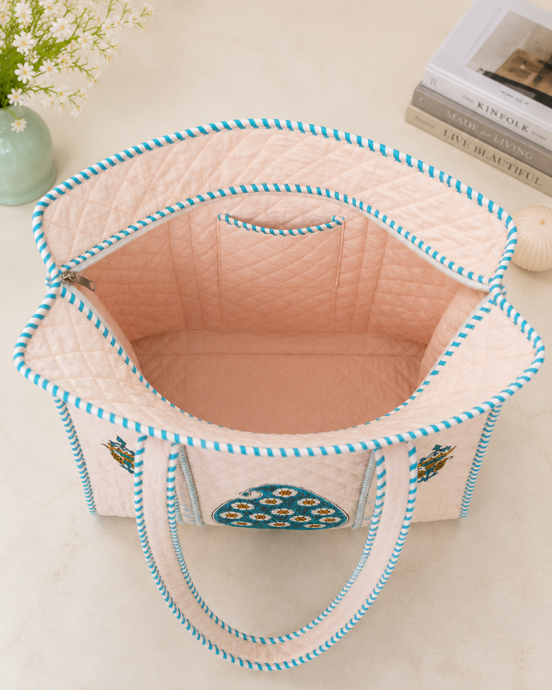 Block Printed Quilted Tote Bag