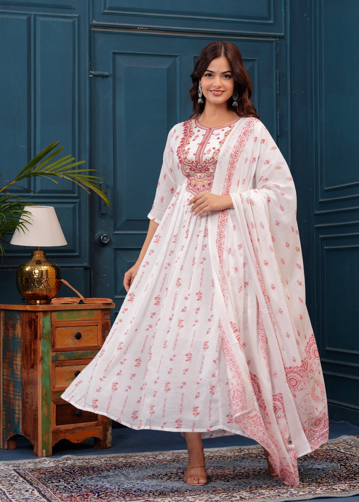 White Red Embroidered Mulmul Anarkali Gown with Dupatta