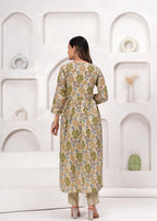 Floral Printed Muslin Alia Cut Suit Set with Slate Blue Chiffon Dupatta