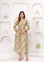 Floral Printed Muslin Alia Cut Suit Set with Slate Blue Chiffon Dupatta