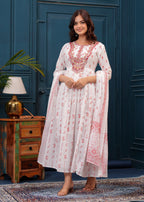 White Red Embroidered Mulmul Anarkali Gown with Dupatta