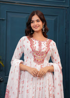White Red Embroidered Mulmul Anarkali Gown with Dupatta